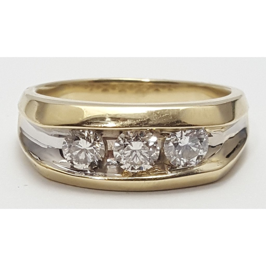 14k Two Tone Multi Color Gold Designer Channel Set Three Stone Diamond Mens Ring